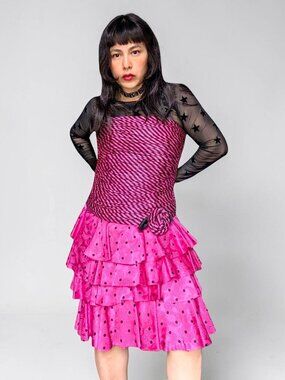 A.J. Bari VTG 80's silk pink polka dots zebra whimsy goth ruffle corset dress 8